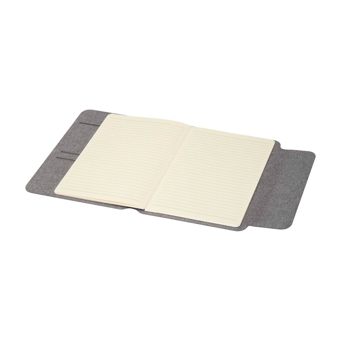 Portafolio ecológico con cierre de madera de nogal A5 hojas a rayas color gris tercera vista