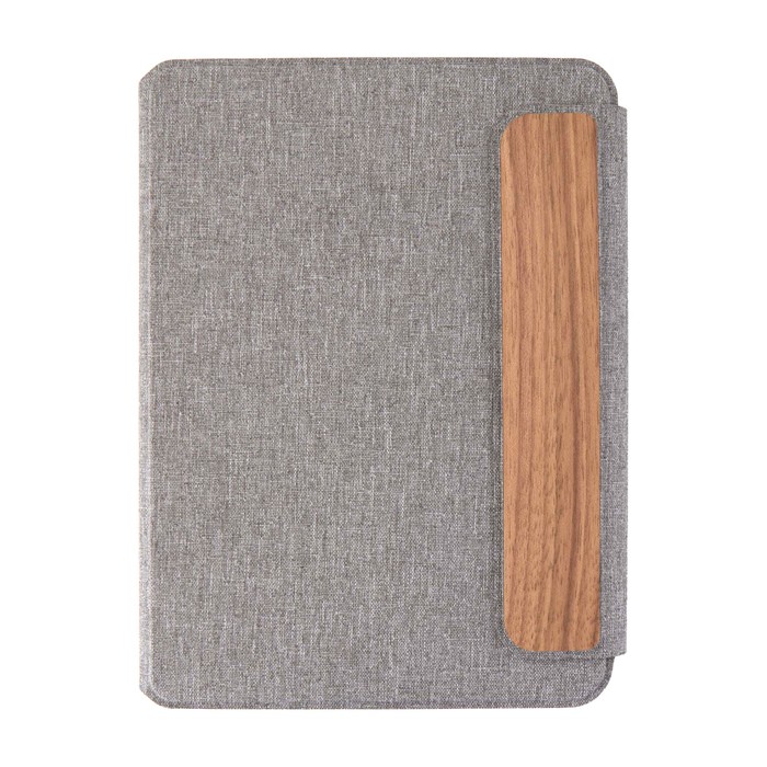 Portafolio ecológico con cierre de madera de nogal A5 hojas a rayas color gris segunda vista frontal