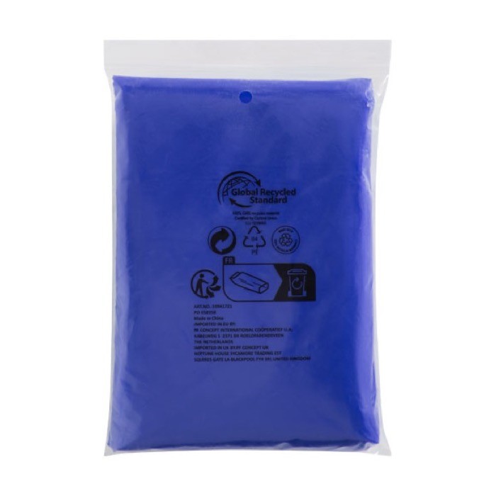 Poncho desechable de plástico reciclado con capucha talla única color azul real segunda vista con caja Poncho desechable de plástico reciclado con capucha talla única color azul real segunda vista con caja