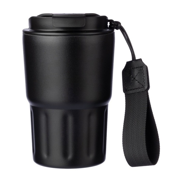 Vaso térmico impreso de acero inoxidable con correa a juego 320ml color negro primera vista Vaso térmico impreso de acero inoxidable con correa a juego 320ml color negro primera vista