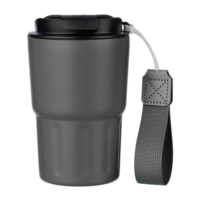 Vaso térmico impreso de acero inoxidable con correa a juego 320ml color gris primera vista Vaso térmico impreso de acero inoxidable con correa a juego 320ml color gris primera vista