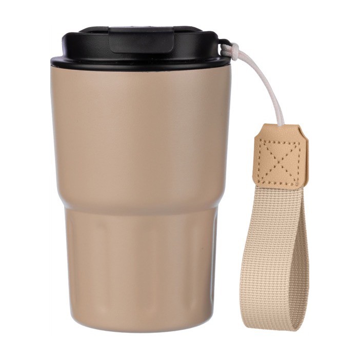 Vaso térmico impreso de acero inoxidable con correa a juego 320ml color beige Vaso térmico impreso de acero inoxidable con correa a juego 320ml color beige