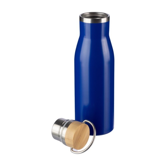 Botella de acero inoxidable reciclado con tapón de bambú y asa 500ml color azul segunda vista Botella de acero inoxidable reciclado con tapón de bambú y asa 500ml color azul segunda vista