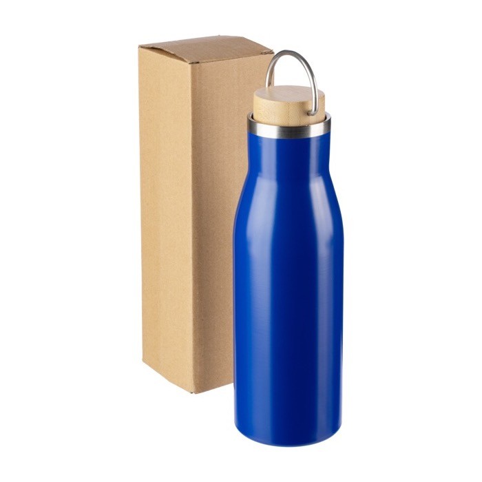 Botella de acero inoxidable reciclado con tapón de bambú y asa 500ml color azul tercera vista Botella de acero inoxidable reciclado con tapón de bambú y asa 500ml color azul tercera vista