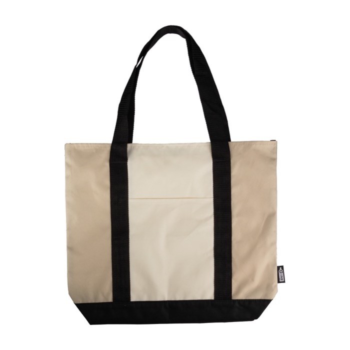Bolsa de RPET con cremallera en parte superior y bolsillo delante color beige quinta vista Bolsa de RPET con cremallera en parte superior y bolsillo delante color beige quinta vista
