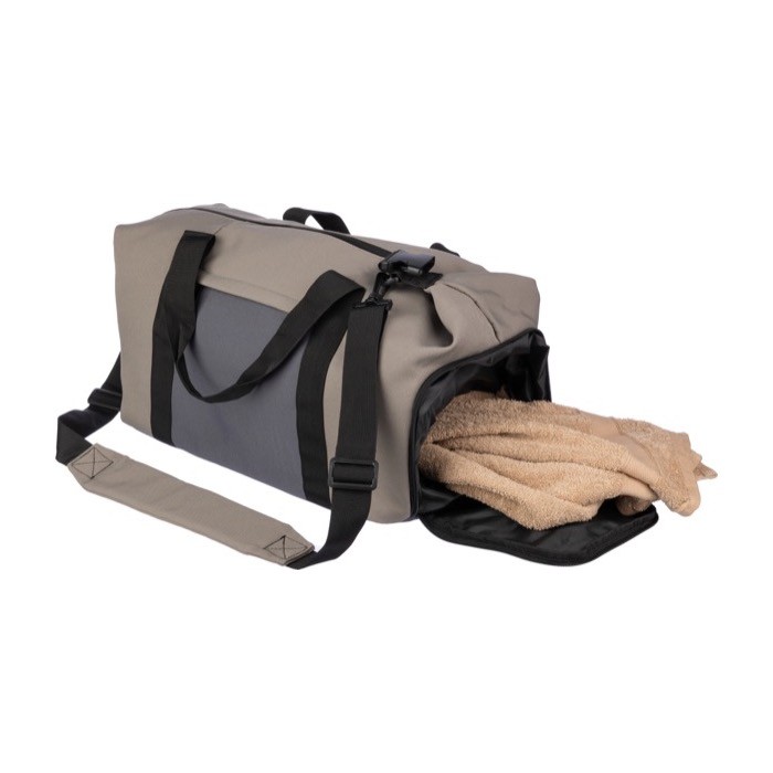 Bolsa de viaje tricolor con compartimiento lateral para zapatos color marrón grisáceo segunda vista Bolsa de viaje tricolor con compartimiento lateral para zapatos color marrón grisáceo segunda vista