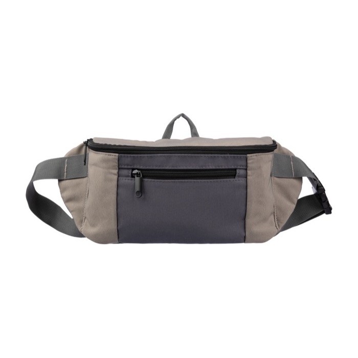 Riñonera tricolor de poliéster con bolsillo frontal y superior color marrón grisáceo cuarta vista