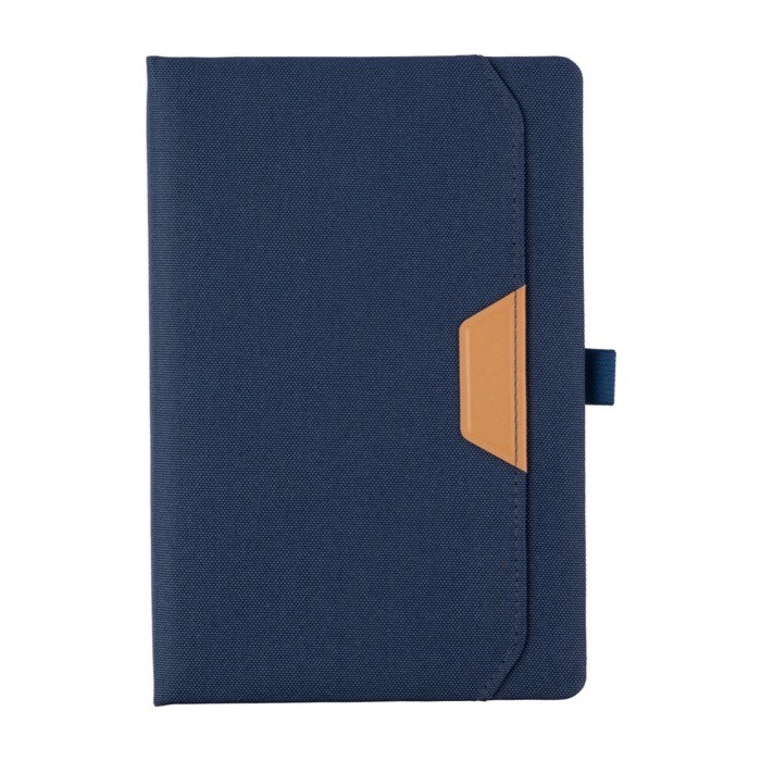 Libreta con encuadernado rígido de RPET y hojas a rayas A5 color azul cuarta vista Libreta con encuadernado rígido de RPET y hojas a rayas A5 color azul cuarta vista