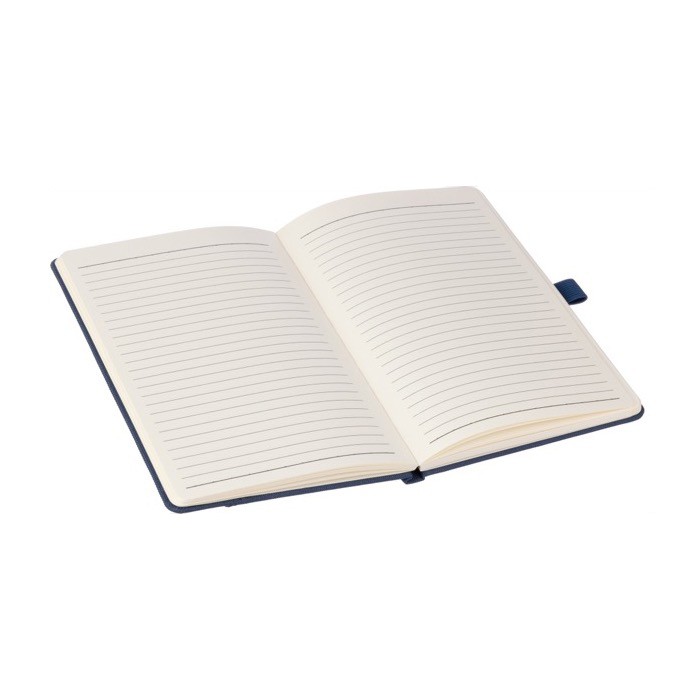 Libreta con encuadernado rígido de RPET y hojas a rayas A5 color azul sexta vista Libreta con encuadernado rígido de RPET y hojas a rayas A5 color azul sexta vista