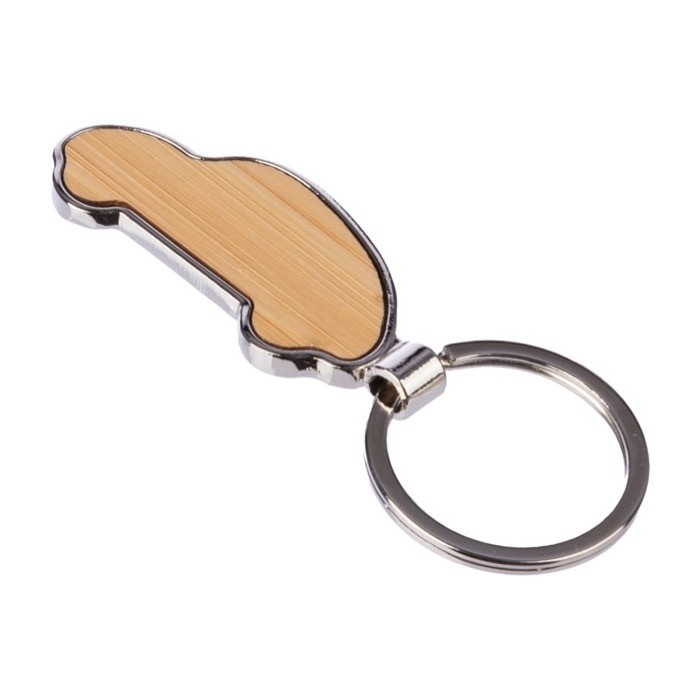 Llavero hecho de bambú y zinc en forma de coche personalizable color marrón tercera vista
