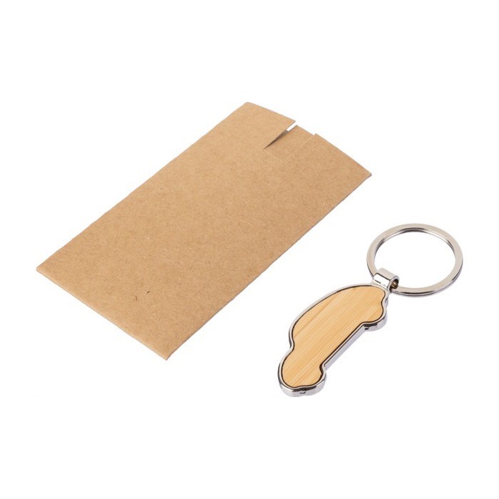 Llavero hecho de bambú y zinc en forma de coche personalizable color marrón sexta vista