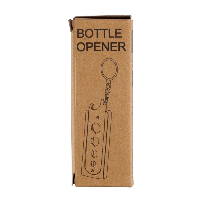 Llavero de bambú con funciones extras de abridor y herramientas color marrón segunda vista