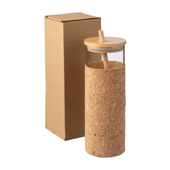 Vaso 450ml de vidrio con funda de corcho y tapa y pajita de bambú color marrón segunda vista