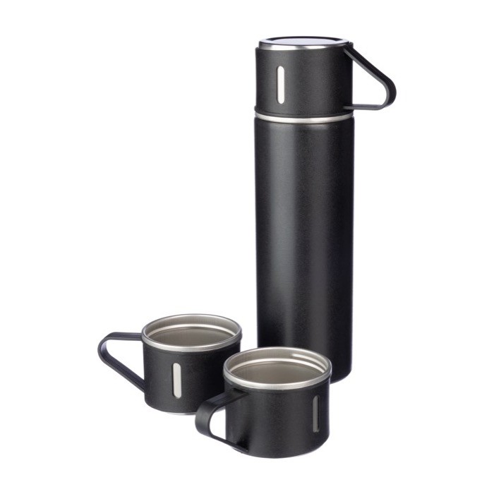 Termo doble pared de acero inoxidable de 420ml con 2 tazas de 150ml color negro tercera vista