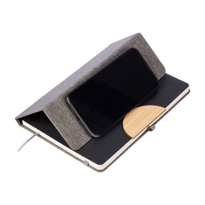 Libreta de cubierta plegable con soporte para móvil hojas a rayas A5 color gris octava vista