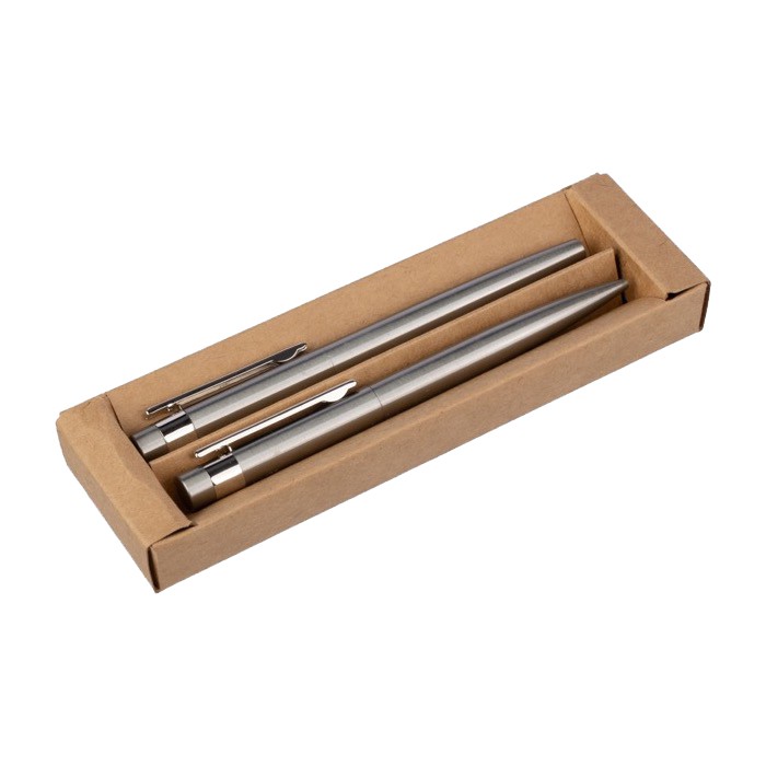 Set de bolígrafo y roller de acero inoxidable tinta azul color plateado tercera vista