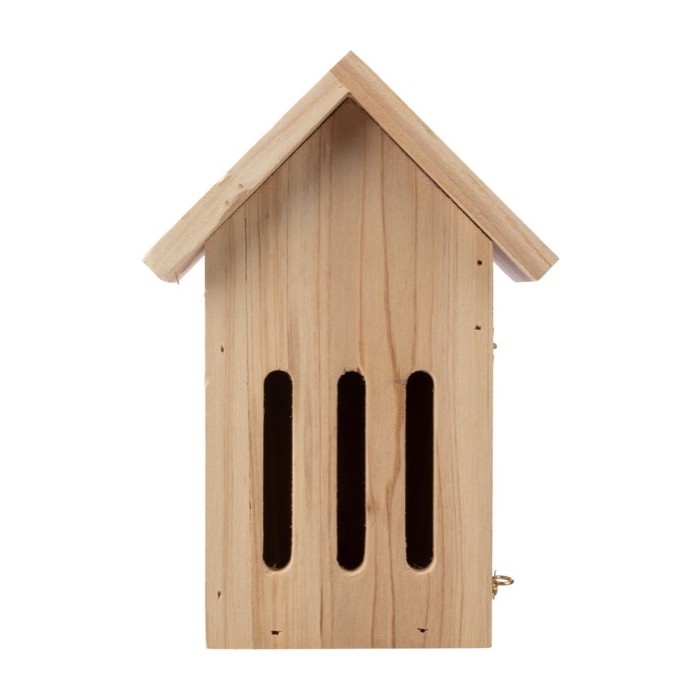 Casita para colgar de mariposas hecha de madera de pino color marrón primera vista