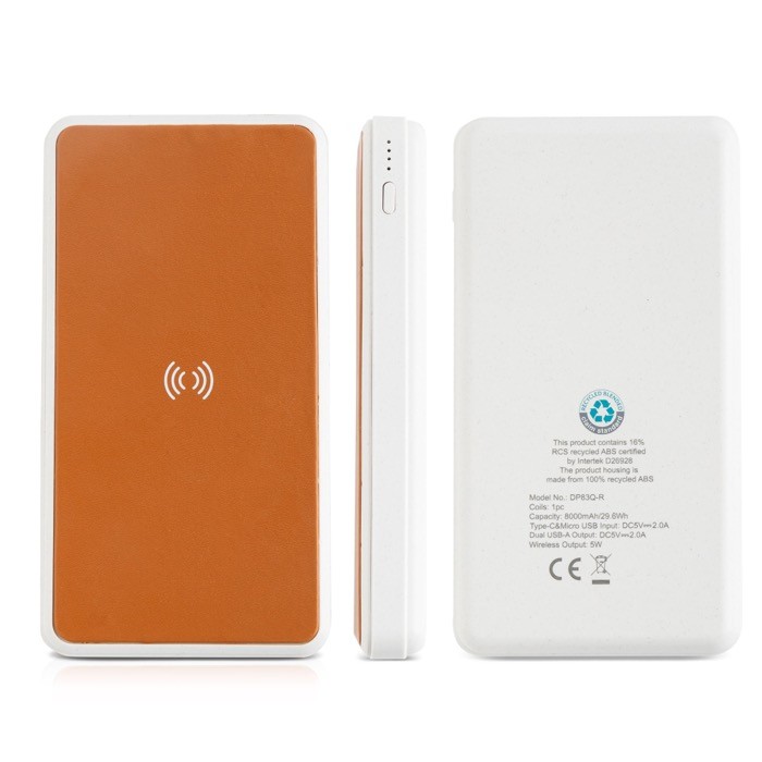 Batería externa inalámbrica con cuero reciclado 8.000 mAh color marrón claro vista 1
