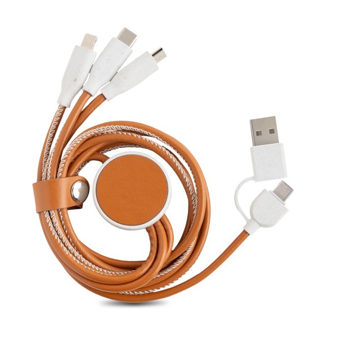 Cable de carga vintage 6 en 1 de cuero sintético y ABS reciclado color marrón claro vista 2