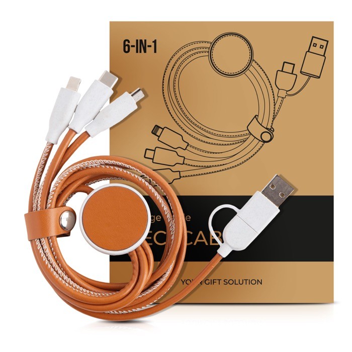 Cable de carga vintage 6 en 1 de cuero sintético y ABS reciclado vista en caja