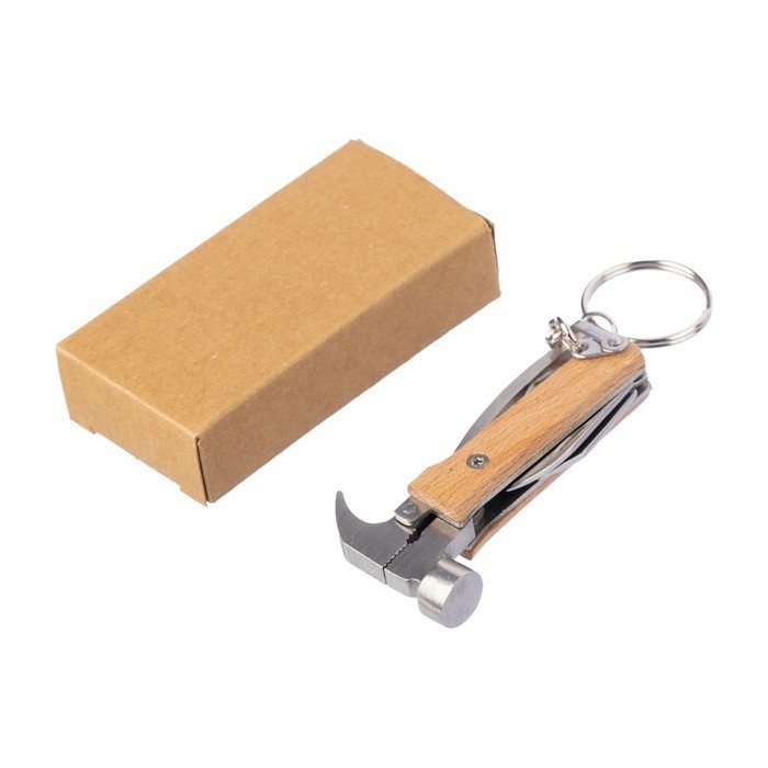 Llavero de bambú con función multiherramienta en forma de martillo color marrón cuarta vista