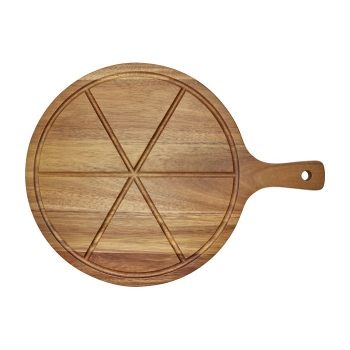 Tabla para cortar pizza de madera de acacia con 6 ranuras color madera tercera vista frontal
