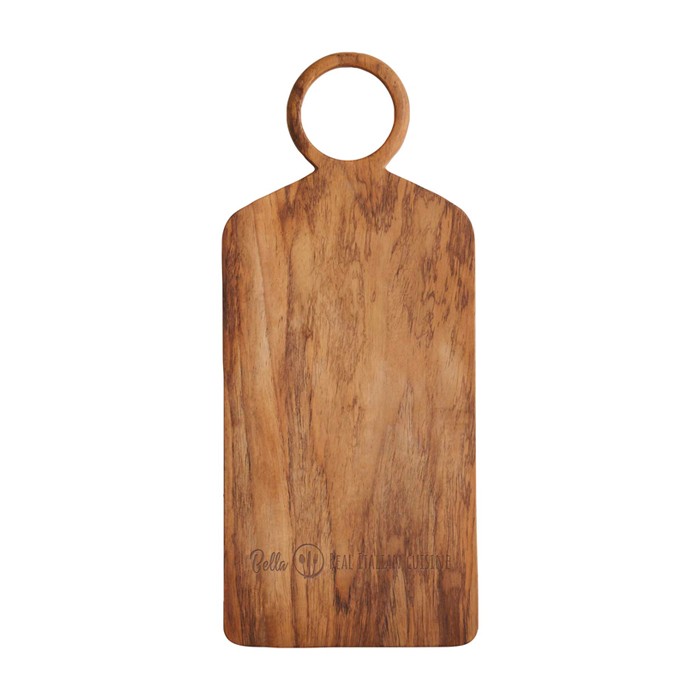 Tabla de cortar hecha a mano con la raíz de un árbol de teca color madera vista impresa logo 2