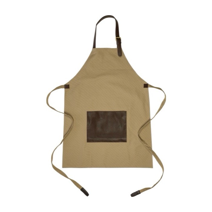 Delantal ajustable de lona con un bolsillo delantero de cuero color beige segunda vista