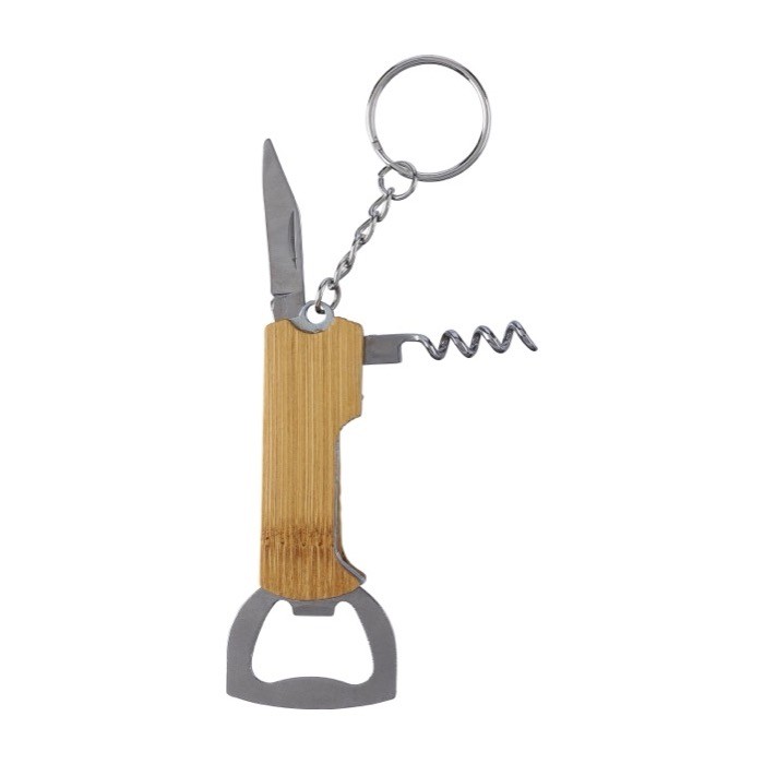 Llavero de bambú con abrebotellas, navaja y sacacorchos color marrón tercera vista Llavero de bambú con abrebotellas, navaja y sacacorchos color marrón tercera vista