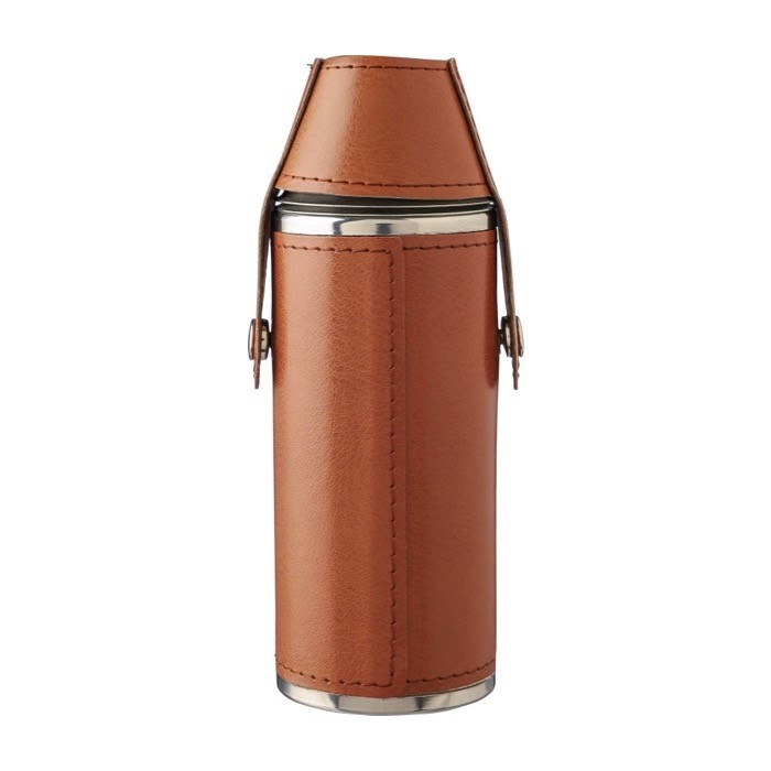 Botella de acero inoxidable con 2 vasos y funda de cuero 230ml color marrón primera vista Botella de acero inoxidable con 2 vasos y funda de cuero 230ml color marrón primera vista