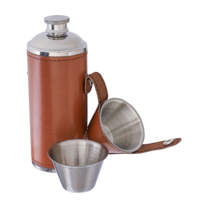 Botella de acero inoxidable con 2 vasos y funda de cuero 230ml cuarta vista Botella de acero inoxidable con 2 vasos y funda de cuero 230ml cuarta vista