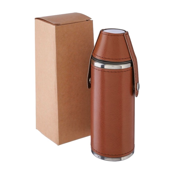 Botella de acero inoxidable con 2 vasos y funda de cuero 230ml séptima vista Botella de acero inoxidable con 2 vasos y funda de cuero 230ml séptima vista