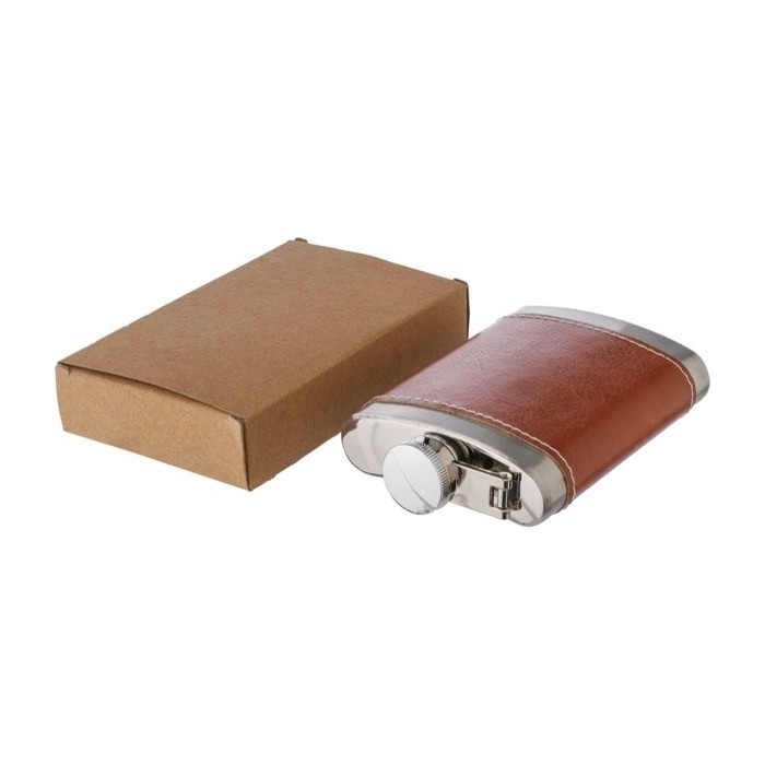 Petaca de acero inoxidable con funda de cuero marrón 100ml séptima vista Petaca de acero inoxidable con funda de cuero marrón 100ml séptima vista