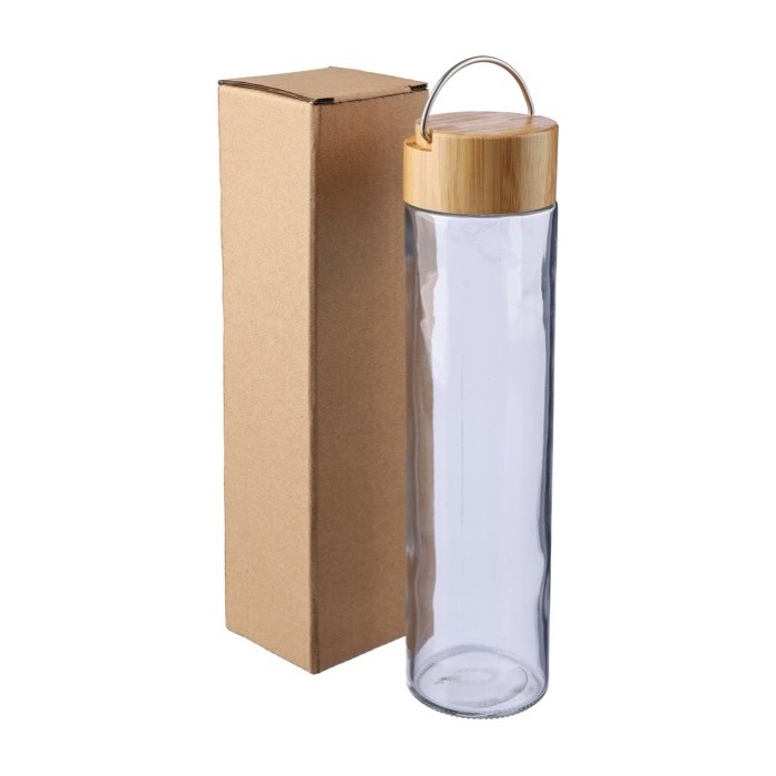 Botella de vidrio y tapa de bambú con asa de metal 500ml quinta vista Botella de vidrio y tapa de bambú con asa de metal 500ml quinta vista