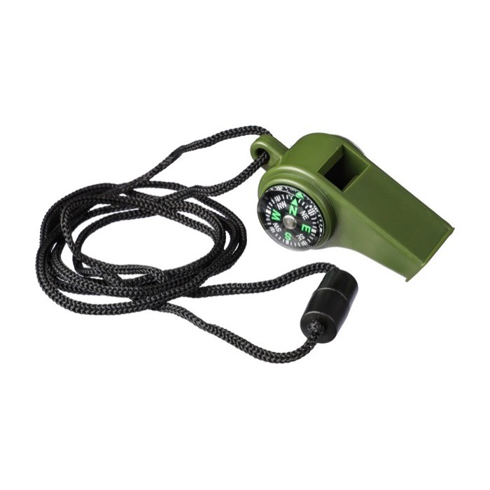 Silbato con brújula y termómetro en el lateral con cordón para cuello color verde segunda vista Silbato con brújula y termómetro en el lateral con cordón para cuello color verde segunda vista