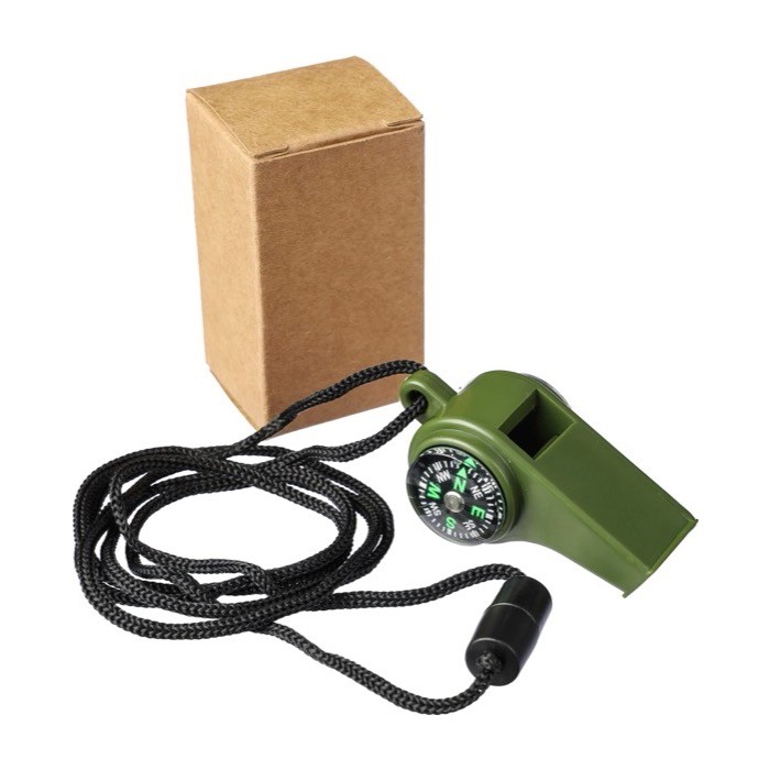 Silbato con brújula y termómetro en el lateral con cordón para cuello tercera vista Silbato con brújula y termómetro en el lateral con cordón para cuello tercera vista