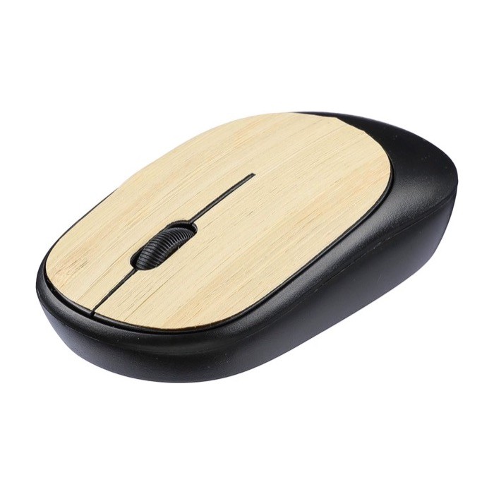 Ratón inalámbrico negro con detalles de bambú para personalizar segunda vista Ratón inalámbrico negro con detalles de bambú para personalizar segunda vista