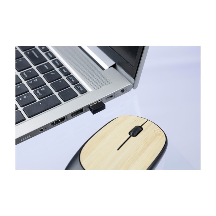 Ratón inalámbrico negro con detalles de bambú para personalizar cuarta vista Ratón inalámbrico negro con detalles de bambú para personalizar cuarta vista