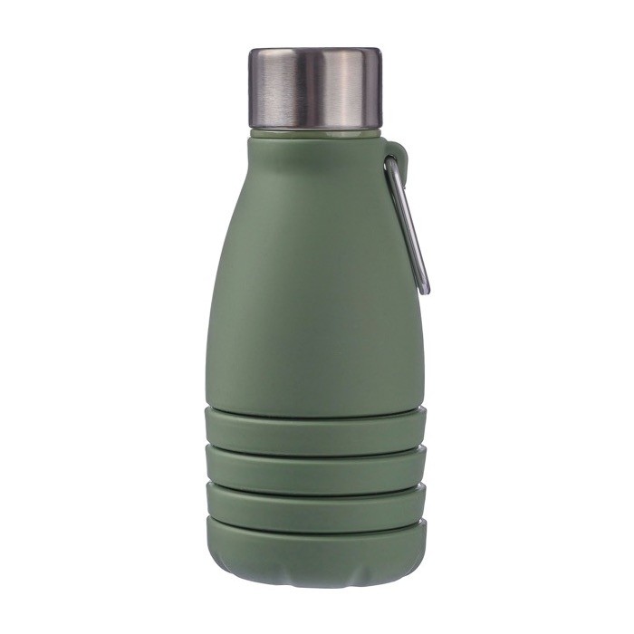 Botella de silicona plegable con tapa de acero y mosquetón 550ml color verde tercera vista Botella de silicona plegable con tapa de acero y mosquetón 550ml color verde tercera vista