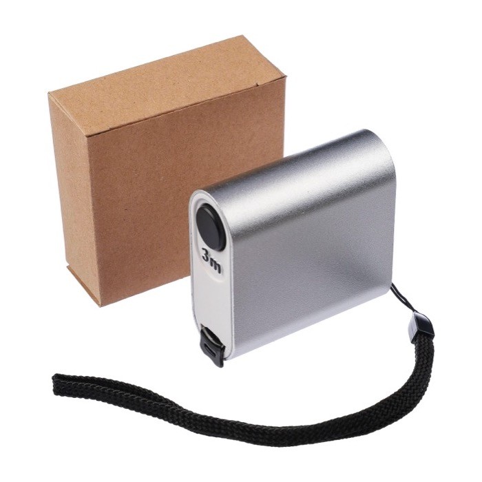 Cinta métrica de aluminio con pulsador y cordón para transporte 3M color plateado segunda vista Cinta métrica de aluminio con pulsador y cordón para transporte 3M color plateado segunda vista