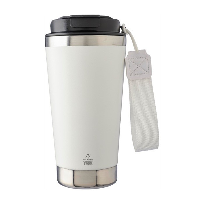 Vaso térmico de acero inoxidable con correa a juego y tapa negra 500ml color blanco primera vista Vaso térmico de acero inoxidable con correa a juego y tapa negra 500ml color blanco primera vista