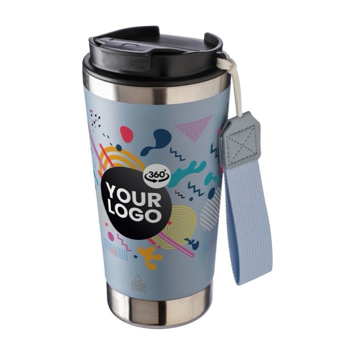 Vaso térmico de acero inoxidable con correa a juego y tapa negra 500ml primera vista Vaso térmico de acero inoxidable con correa a juego y tapa negra 500ml primera vista