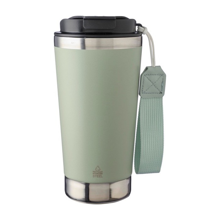 Vaso térmico de acero inoxidable con correa a juego y tapa negra 500ml color verde pastel primera vista Vaso térmico de acero inoxidable con correa a juego y tapa negra 500ml color verde pastel primera vista