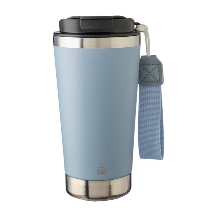 Vaso térmico de acero inoxidable con correa a juego y tapa negra 500ml color azul pastel primera vista Vaso térmico de acero inoxidable con correa a juego y tapa negra 500ml color azul pastel primera vista