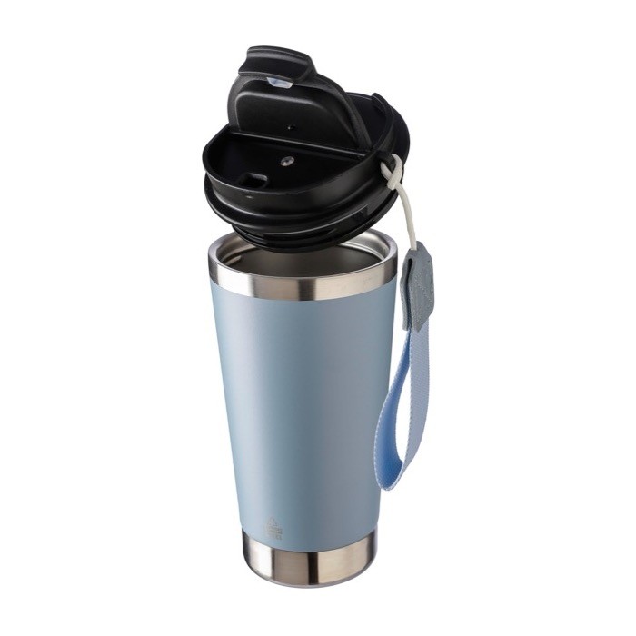 Vaso térmico de acero inoxidable con correa a juego y tapa negra 500ml color azul pastel segunda vista Vaso térmico de acero inoxidable con correa a juego y tapa negra 500ml color azul pastel segunda vista