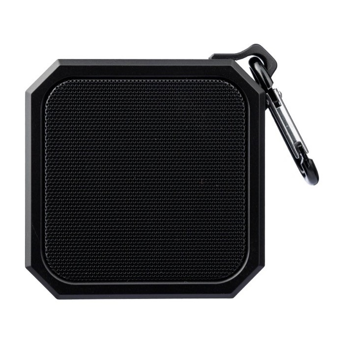 Pequeño altavoz cuadrado personalizable con mosquetón para transporte color negro segunda vista Pequeño altavoz cuadrado personalizable con mosquetón para transporte color negro segunda vista