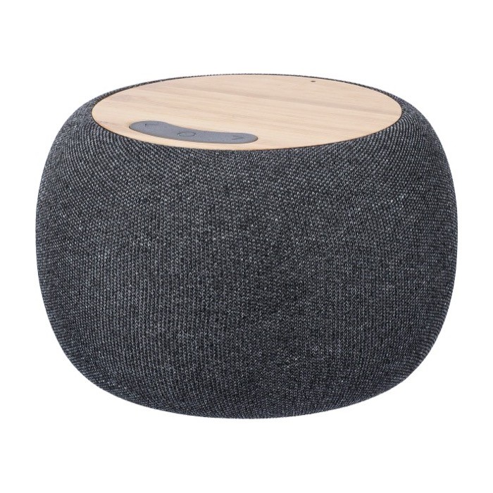 Pequeño altavoz redondo con detalles de bambú en la parte superior color negro primera vista Pequeño altavoz redondo con detalles de bambú en la parte superior color negro primera vista