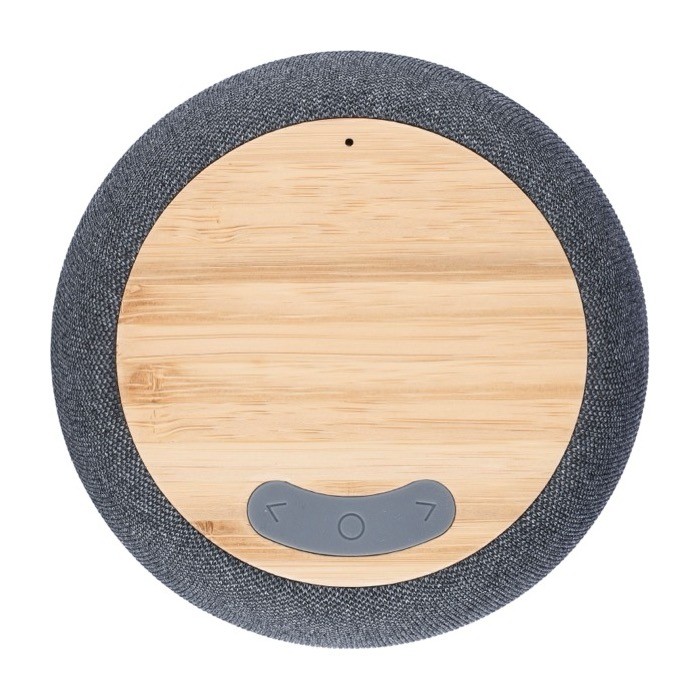 Pequeño altavoz redondo con detalles de bambú en la parte superior color negro tercera vista Pequeño altavoz redondo con detalles de bambú en la parte superior color negro tercera vista