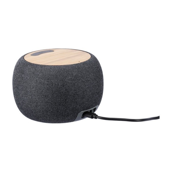 Pequeño altavoz redondo con detalles de bambú en la parte superior tercera vista Pequeño altavoz redondo con detalles de bambú en la parte superior tercera vista