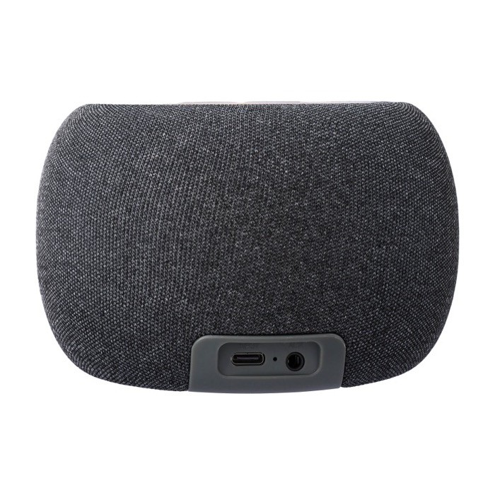 Pequeño altavoz redondo con detalles de bambú en la parte superior cuarta vista Pequeño altavoz redondo con detalles de bambú en la parte superior cuarta vista